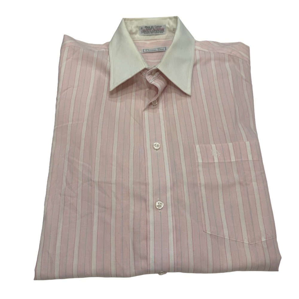 Christian Dior Men’s Button Down Shirt Pink & White Stripe Logo Sz 15 1/2 NEW